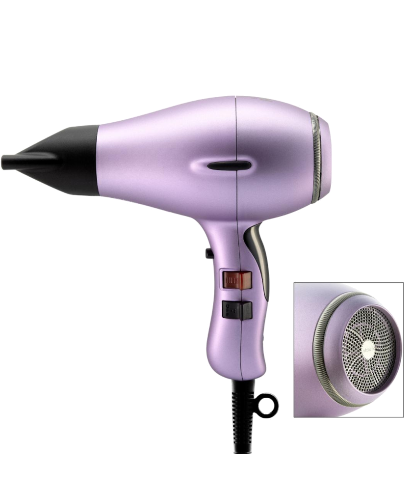 Secador de cabelo lilás metálico com bico preto e botões para controlo