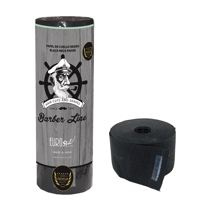 Rolo de papel de pescoço negro para barbear com embalagem cinzenta e rolo solto preto