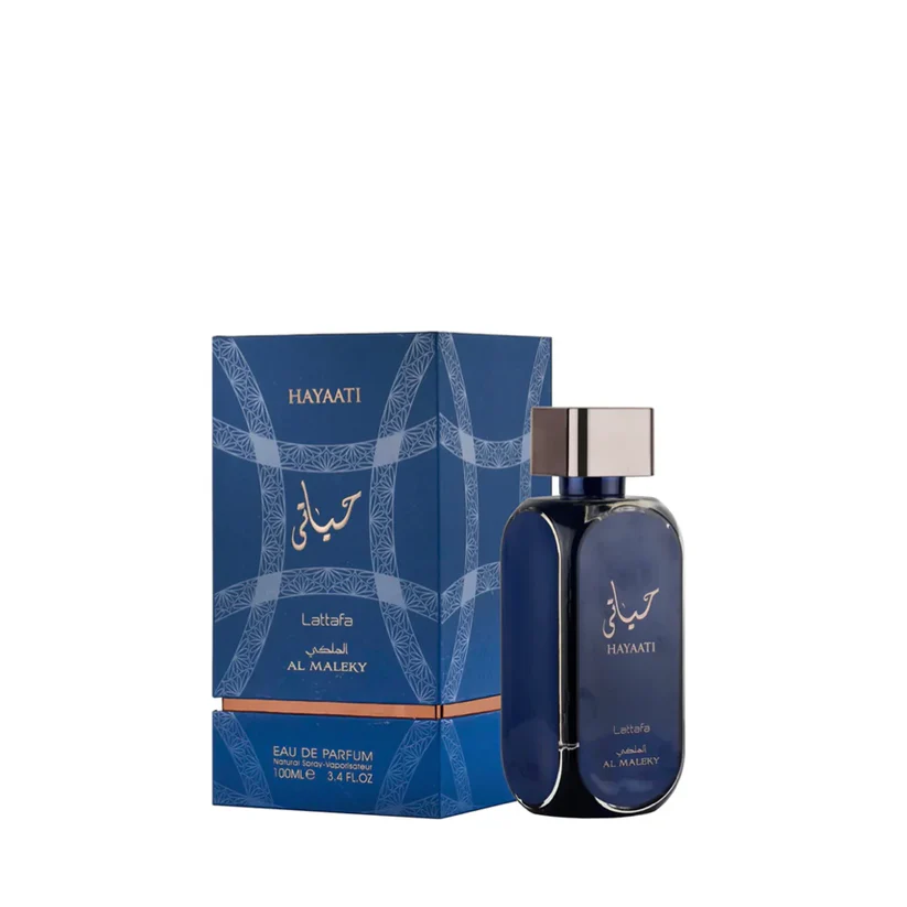 Perfume HAYAATI em frasco azul escuro com embalagem azul