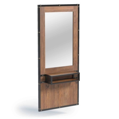 Espelho retangular com moldura de madeira e metal preto com prateleira e gancho