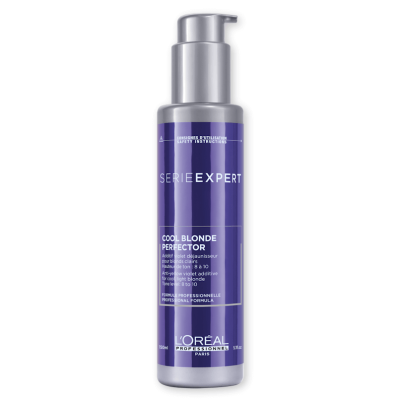 Frasco roxo de produto capilar L'Oréal Série Expert Cool Blonde Perfector com válvula prateada