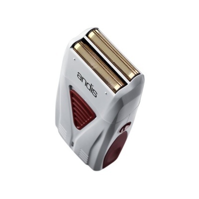 Aparelho de barbear elétrico branco e vermelho com lâminas douradas da marca andis