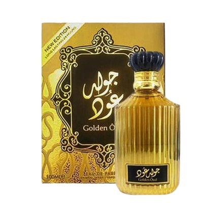 Frasco de perfume Golden Oud com caixa dourada e preta