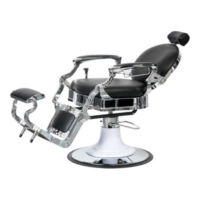 cadeira de barbeiro preta com estrutura metálica cromada e base redonda branca