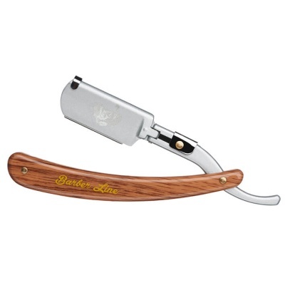 Navalha de barbear com cabo em madeira e lâmina em metal