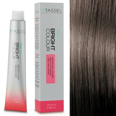 Tubo e caixa de tinta para cabelo TASSEL com cabelo castanho claro ao lado