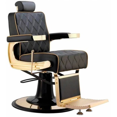 Cadeira de barbearia em couro preto com detalhes dourados e encosto de cabeça ajustável