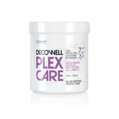 Frasco branco de produto capilar Decowell Plex Care com texto roxo e preto.