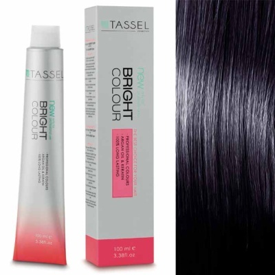 Tinte Tassel Bright Colour em caixa e tubo com amostra de cabelo preto com reflexos roxos