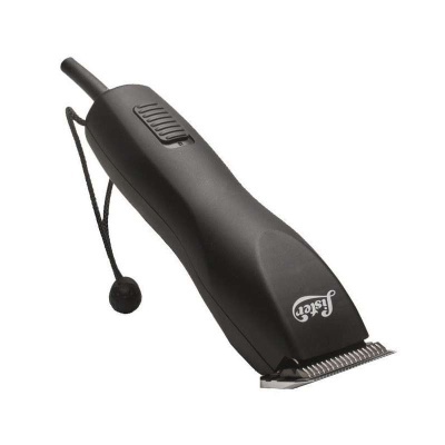 Máquina de tosquiar preta com lâmina metálica e cordão preto.