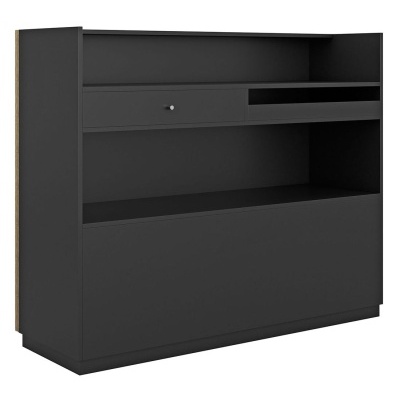 Móvel de arrumação preto fosco com gaveta e compartimentos abertos