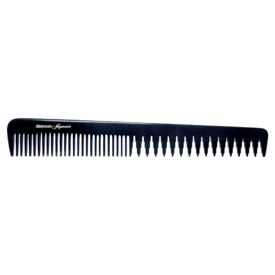 Pente negro de plástico com dentes finos e largos alternados e texto branco