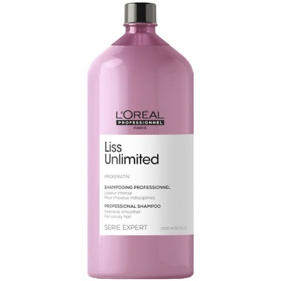 Frasco rosa de champô L'Oréal Liss Unlimited de 1500 ml com rótulo branco
