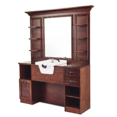 Móvel de madeira castanha escura com espelho central e lavatório branco