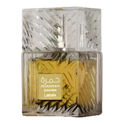 Frasco de perfume com padrão diagonal em relevo e líquido amarelo