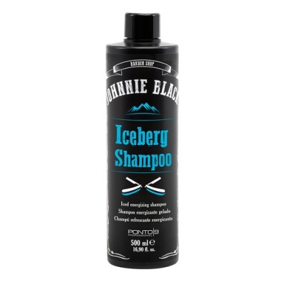 Frasco preto de champô Johnnie Black Iceberg Shampoo 500 ml com texto azul e branco.