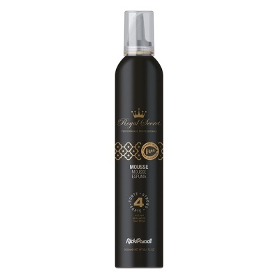 Espuma de cabelo Royal Secret em embalagem preta com tampa transparente