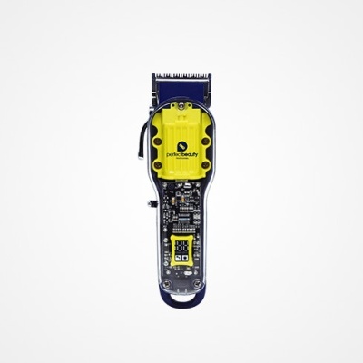 Máquina de cortar cabelo eletrónica preta e amarela com lâmina metálica