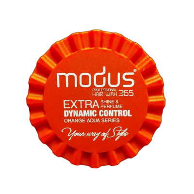 Tampa laranja redonda com texto branco da marca Modus para cera de cabelo