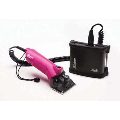 Máquina de tosquiar rosa com base preta e unidade preta etiquetada