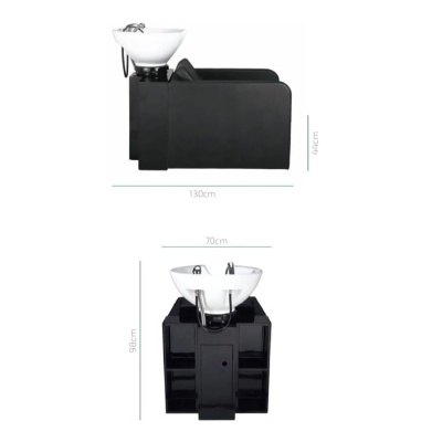 Cadeira de lavagem de cabelo preta com lavatório cerâmico branco e medidas indicativas.