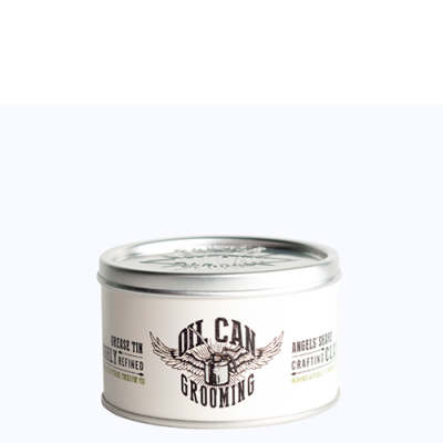 Lata de produto para cuidado masculino Oil Can Grooming em metal branco com tampa prateada