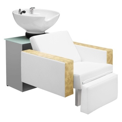 Cadeira de lavar cabelo branca com planta lava-cabeça e suporte cinzento