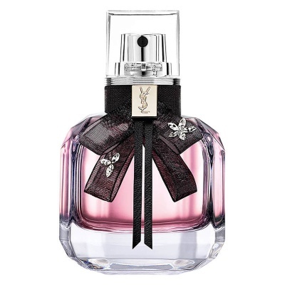Frasco de perfume rosa com laço preto e tampa transparente