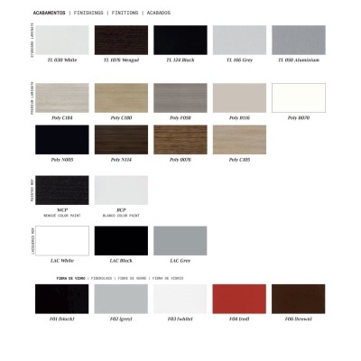 Tabela de amostras de acabamentos com várias cores e texturas