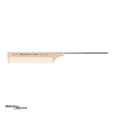 Pente de cabelo antistático bege com cabo metálico fino e texto preto