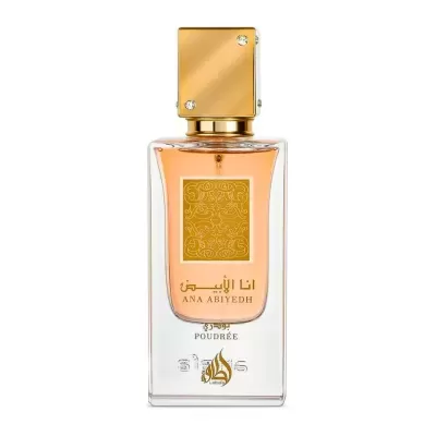 Frasco de perfume com tampa dourada e rótulo dourado com texto e caligrafia árabe