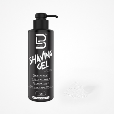 Frasco preto de gel de barbear B-Levels com doseador e texto branco ICE 500 ml