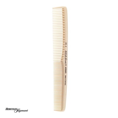 Pente de cabelo bege com inscrições pretas sobre fundo branco