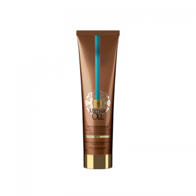 Embalagem de creme castanha com tampa dourada e texto MYTHIC OIL