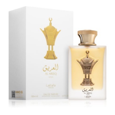 Perfume Al Areeq Oud com frasco branco e dourado e caixa branca ao lado