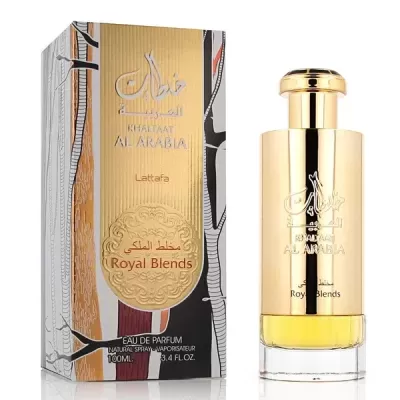 Frasco de perfume dourado com embalagem retangular decorativa