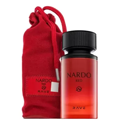 Frasco de perfume vermelho NARDO RED RAVE com bolsa de tecido vermelha