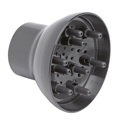 Difusor de cabelo cinza com vários bicos cilíndricos em plástico.