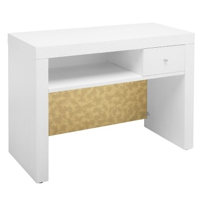 Secretária branca com gaveta e painel decorativo dourado