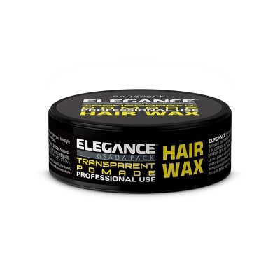 Cera para cabelo Elegance em embalagem preta redonda com texto amarelo e branco