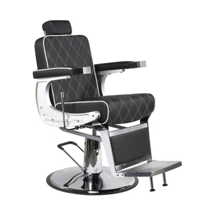 Cadeira de barbeiro preta com estrutura metálica cromada e padrão xadrez branco