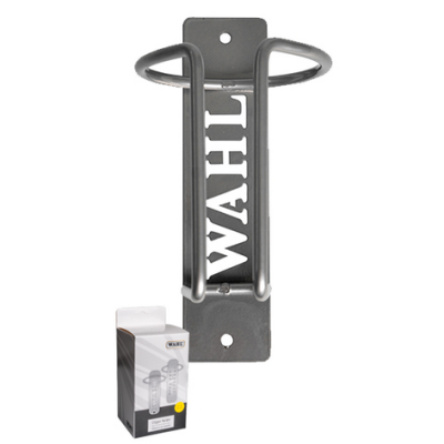 Suporte de parede cinzento com a palavra WAHL e caixa de embalagem do produto