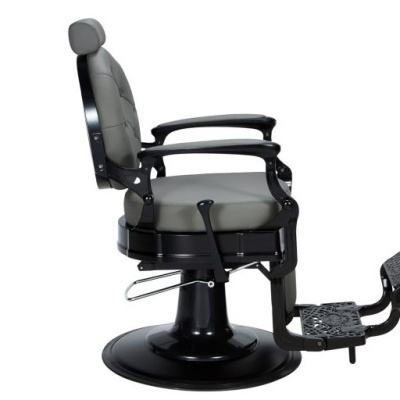 Cadeira de barbeiro cinzenta com base preta e apoio de pés