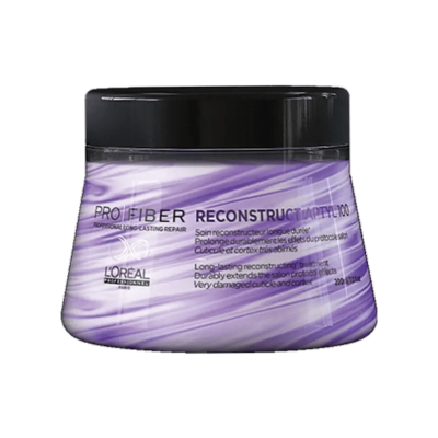Creme de tratamento capilar L'Oréal Pro Fiber Reconstruct em embalagem roxa com tampa preta
