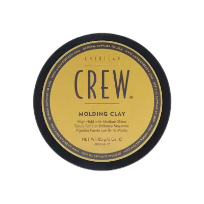 Pote de American Crew Molding Clay para cabelo com tampa preta e rótulo amarelo.