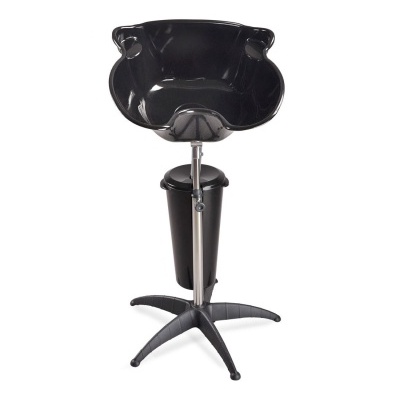 Lavatório de cabelo preto com base metálica e recipiente para água