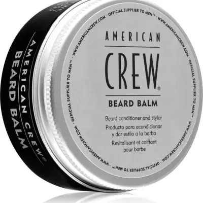 Pote de balm para barba American Crew com tampa prateada e corpo preto