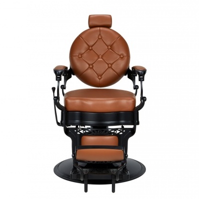 cadeira de barbeiro vintage em couro castanho e metal preto