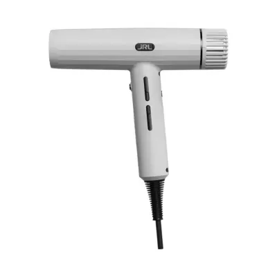 Secador de cabelo cinzento claro com botões pretos e logo JRL