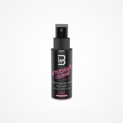 Frasco preto de spray de aftershave cologne com rótulo preto, branco e rosa